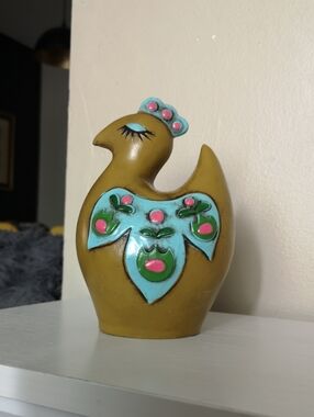 Vintage Colourful Chicken Bank Figurine Resin (?) with Stopper Eyelashes 6" Tall
